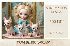In this incredibly adorable illustration a little princess doll is portrayed surrounded by small and irresistibly cute puppies. This unique illustration is specifically designed for a tumbler with the capability for sublimation design. High resolution and