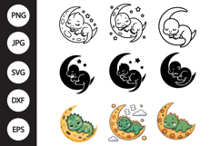Kawaii Baby Dinosaur Sleeping on Moon SVG Product Image 1