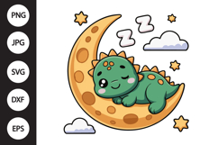 Kawaii Baby Dinosaur Sleeping on Moon SVG Product Image 1