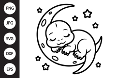 Kawaii Baby Dinosaur Sleeping on Moon SVG Product Image 1