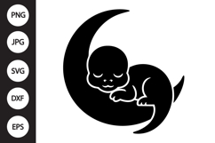 Kawaii Baby Dinosaur Sleeping on Moon SVG Product Image 1