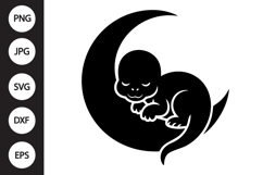 Kawaii Baby Dinosaur Sleeping on Moon SVG Product Image 1