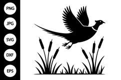 Pheasant Flying on Reeds Silhouette SVG Product Image 1