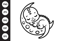 Kawaii Baby Dinosaur Sleeping on Moon SVG Product Image 1