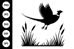 Pheasant Flying on Reeds Silhouette SVG Product Image 1