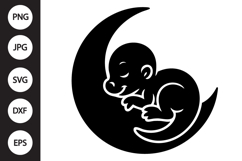 Kawaii Baby Dinosaur Sleeping on Moon SVG Product Image 1