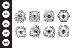 Bee with Flowers and Honeycomb SVG, Bee with Flowers Clipart Product Image 1