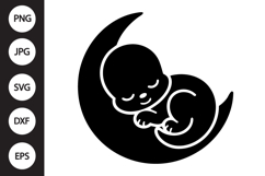 Kawaii Baby Dinosaur Sleeping on Moon SVG Product Image 1