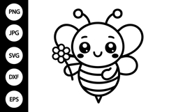 Kawaii Bee Holding Flower Outline SVG Product Image 1