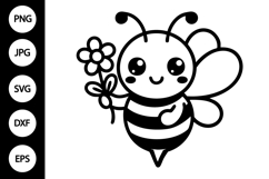 Kawaii Bee Holding Flower Outline SVG Product Image 1