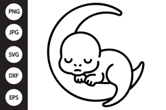 Kawaii Baby Dinosaur Sleeping on Moon SVG Product Image 1