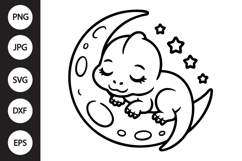 Kawaii Baby Dinosaur Sleeping on Moon SVG Product Image 1