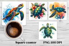Sea turtle square coaster | Cute ocean animal coaster PNG Product Image 1