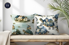 Turtles with Tiny House Shells Watercolor Digital Paper Product Image 2