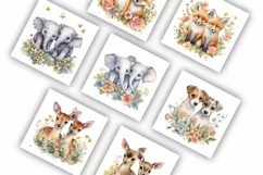 Twin Animals and Flowers | Watercolour Clipart JPG Product Image 2