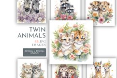 Twin Animals and Flowers | Watercolour Clipart JPG Product Image 1