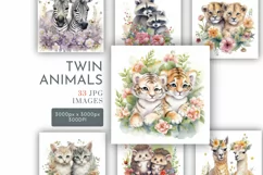 Twin Animals and Flowers | Watercolour Clipart JPG Product Image 1