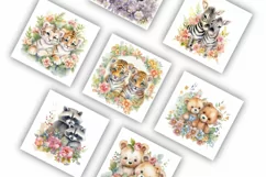 Twin Animals and Flowers | Watercolour Clipart JPG Product Image 3