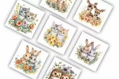 Twin Animals and Flowers | Watercolour Clipart JPG Product Image 7