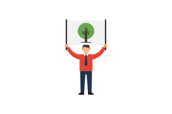 A man holding a sign with a tree illustration in flat design Product Image 1