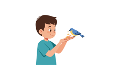 Young boy feeding a bluebird in a cheerful flat vector illus Product Image 1