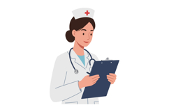 Nurse in white coat with stethoscope reviewing patient chart Product Image 1