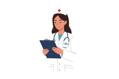 Female nurse in a white coat holding a clipboard with a stet Product Image 1