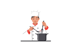 Chef in white uniform cooking with utensils in a minimal and Product Image 1
