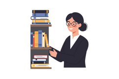 A woman organizing books on a shelf in a flat design vector Product Image 1