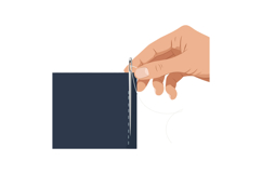 Hand holding needle threading through dark fabric in flat ve Product Image 1