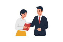 Two professional individuals exchanging a book in a bright o Product Image 1