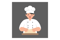 Chef in white uniform happily kneading dough on a wooden sur Product Image 1