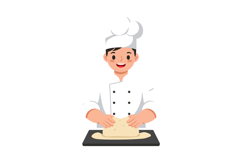 A cheerful chef kneading dough on a black countertop in mini Product Image 1