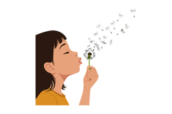 Young girl blowing dandelion seeds in a minimalistic style v Product Image 1