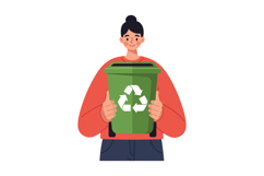 A young woman smiling while holding a green recycling bin in Product Image 1