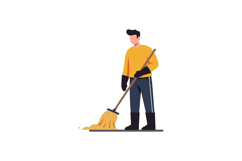 A man cleaning the floor with a broom in a bright yellow shi Product Image 1