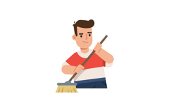 Young man cleaning the floor with a broom in flat vector art Product Image 1