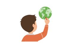 A child drawing on a green globe with a red marker in a flat Product Image 1