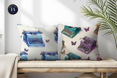 Watercolor Typewriters with Butterfly Key Digital Paper Product Image 2