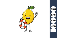 Lemon Character Holding Lifebuoy Waving Cartoon Fruit Illust Product Image 1
