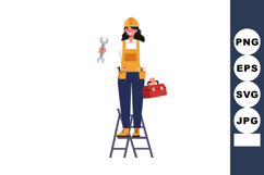 Female construction worker standing on ladder holding toolbo Product Image 1