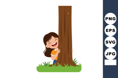 Happy little girl playing hide and seek behind tree in green Product Image 1