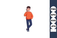 Young man talking on phone in casual orange sweater and blue Product Image 1