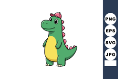 Cute green cartoon dinosaur wearing pink cap standing friend Product Image 1