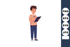 Boy writing on clipboard with striped shirt and blue pants v Product Image 1