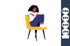 Woman Sitting on Yellow Chair with Curly Hair and Casual Clo Product Image 1
