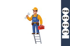 Male Construction Worker Holding Wrench Standing on Ladder w Product Image 1
