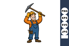 Construction worker smiling holding pickaxe in safety helmet Product Image 1
