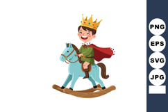 Child boy wearing crown riding blue wooden rocking horse pla Product Image 1