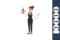 Female waiter serving wine bottle and glasses in black tuxed Product Image 1